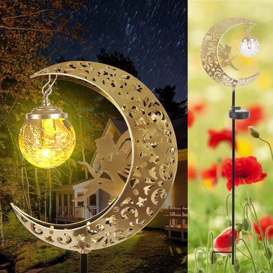 Solar Lights Outdoor Waterproof Fairy Moon Crackle Glass Lights with Metal Angel Decor for Walkway Yard Patio V1192-AZ-W-0655