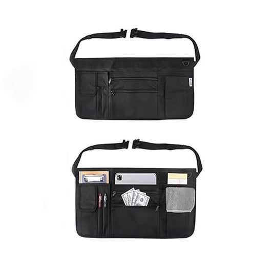 Waitress Apron with 7 Pockets - Black Half Bib with Zippers & Adjustable Belt, Waist Apron for Women/Men, V1192-AZ-W-0687