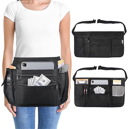 Waitress Apron with 7 Pockets - Black Half Bib with Zippers & Adjustable Belt, Waist Apron for Women/Men, V1192-AZ-W-0687