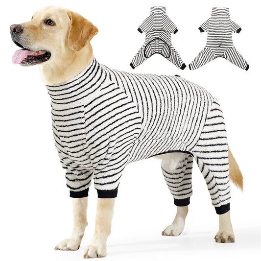Striped Dog Pajamas Stretchable 4 Legs Doggie Jammies Clothes,Soft Plush Pet Coat Onesie fit Puppy to Medium V1192-AZ-W-0713