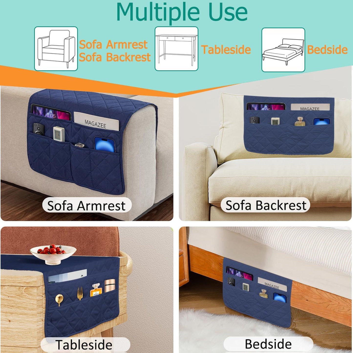 Sofa Armrest Organizer with 6 Pockets, Non-Slip Couch Recliner Armchair Caddy, Washable Remote Controls V1192-AZ-W-0731
