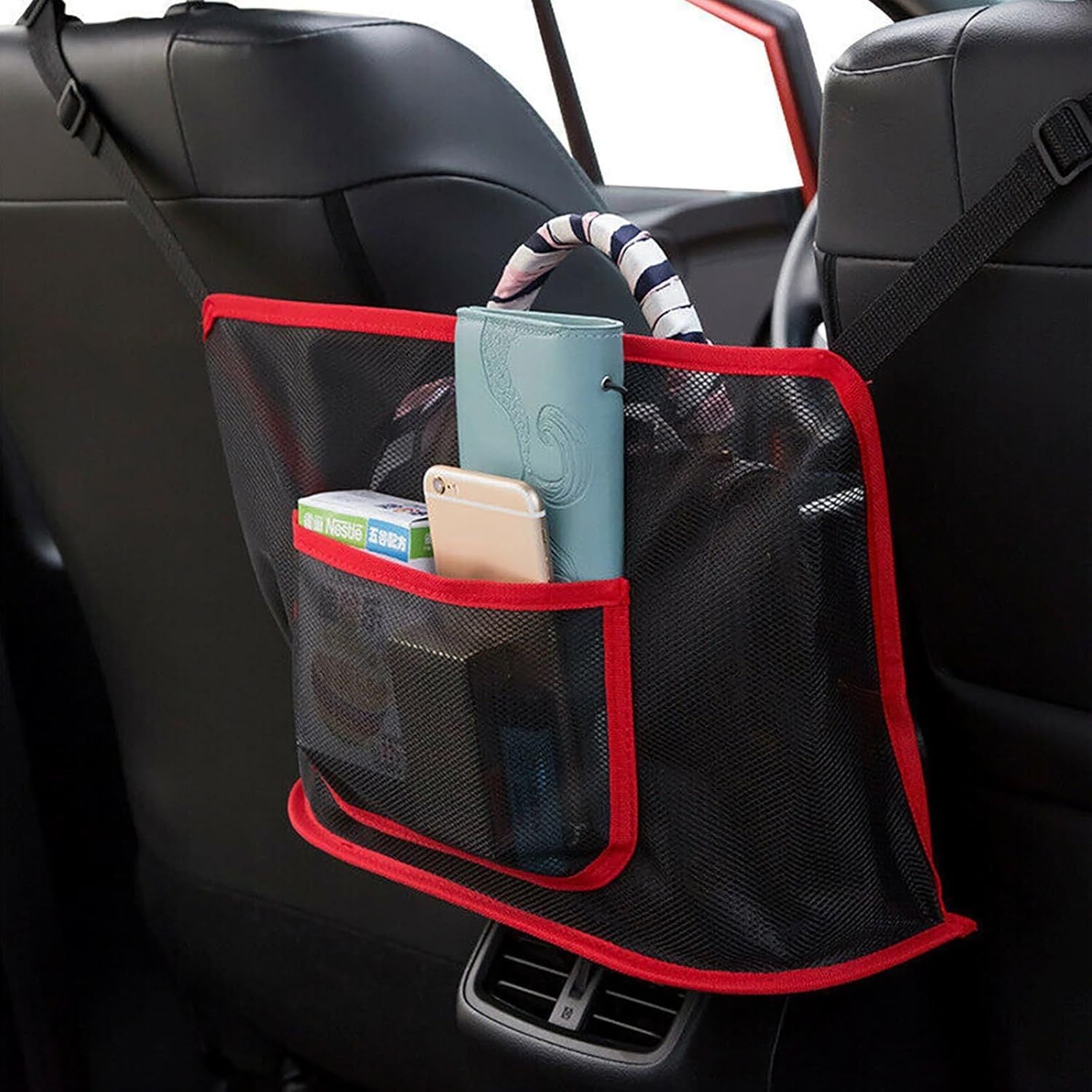 Car Net Pocket Handbag Holder, Driver Storage Netting Pouch for Purses and Bags, Safe Driving ( Red) V1192-AZ-W-0749