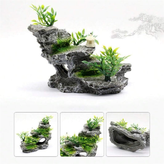 Artificial mountain view stone cave aquarium decoration fish tank decoration, hermit crab hiding place V1192-AZ-W-0764