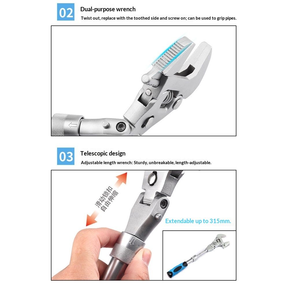 5 in 1 Flex Head Adjustable Wrench, Reversible Jaw Pipe Wrench with Retractable Extension Shank and 1800 V1192-AZ-W-0819