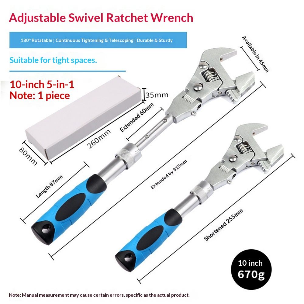 5 in 1 Flex Head Adjustable Wrench, Reversible Jaw Pipe Wrench with Retractable Extension Shank and 1800 V1192-AZ-W-0819