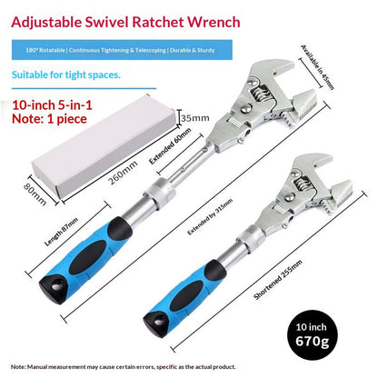 5 in 1 Flex Head Adjustable Wrench, Reversible Jaw Pipe Wrench with Retractable Extension Shank and 1800 V1192-AZ-W-0819