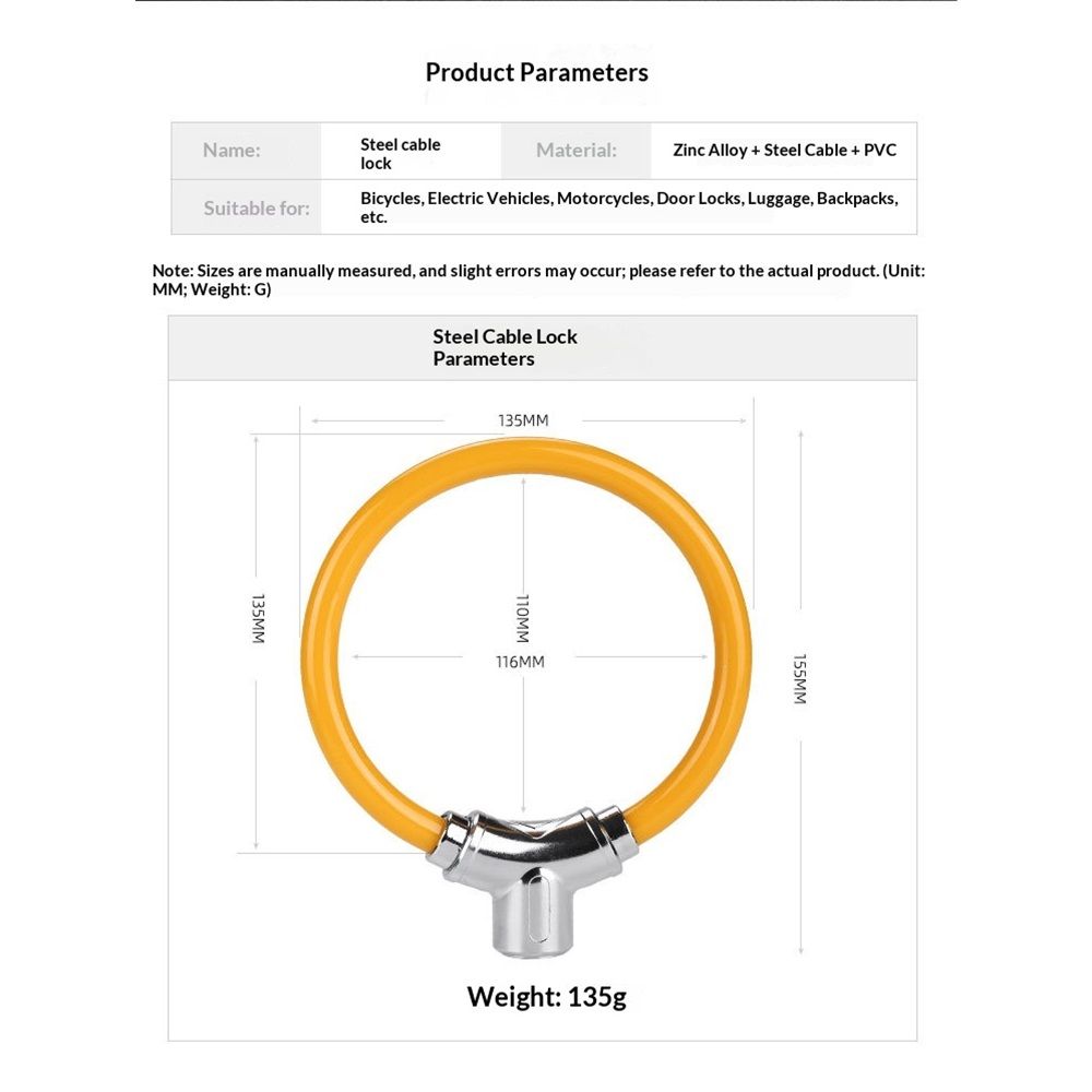 Bicycle Cable Lock, Steel Cable with Keys, Security Lock,Theft Bike Cable Lock, Portable, Versatile, Security V1192-AZ-W-0846