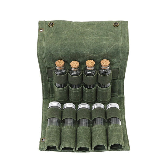 Camping Spice kit with 9 spice Jar Canvas Travel Seasoning container, portable spice bag for travel (MILITARY V1192-AZ-W-0885