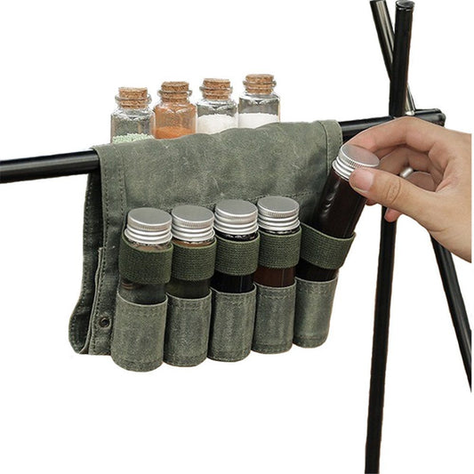 Camping Spice kit with 9 spice Jar Canvas Travel Seasoning container, portable spice bag for travel (MILITARY V1192-AZ-W-0885