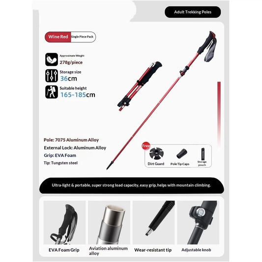 Aluminum Collapsible Ultralight Travel Trekking Hiking Pole for Men and Women (Fits 165-185cm) Mountaineering V1192-AZ-W-0901