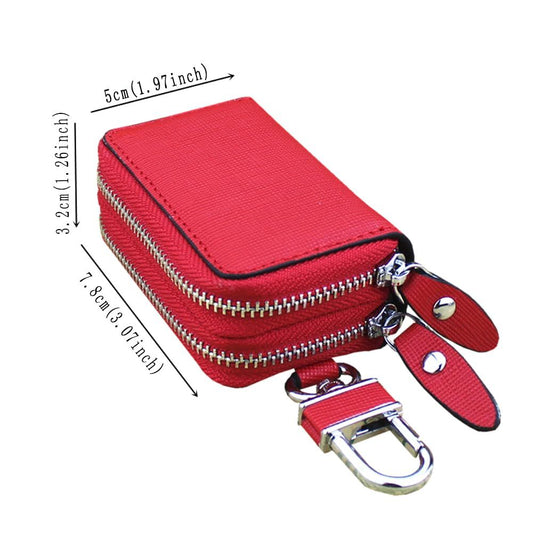 Key Fob Case Genuine Leather, Double Zipper Car Key Holder & Key Wallet with Keychain, Key Pouch for Purse V1192-AZ-W-0911