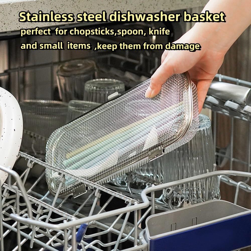 Dishwasher Basket, Stainless Steel Dishwasher Silverware Basket, Replacement Utensil Rectangular Mesh Drain V1192-AZ-W-0923