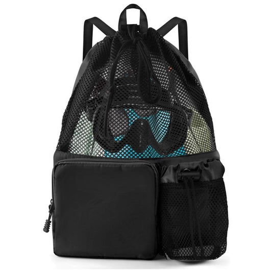 Swim Bag Beach Backpack with Wet Pocket Mesh Drawstring Bags for Swimming, Gym black Mesh Swim Bag Beach V1192-AZ-W-0938