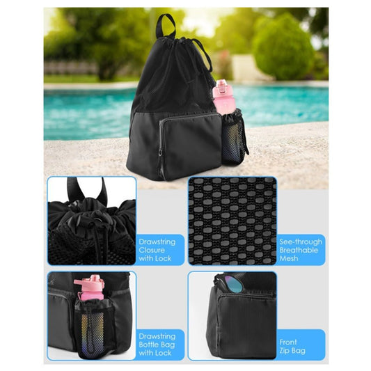 Swim Bag Beach Backpack with Wet Pocket Mesh Drawstring Bags for Swimming, Gym black Mesh Swim Bag Beach V1192-AZ-W-0938