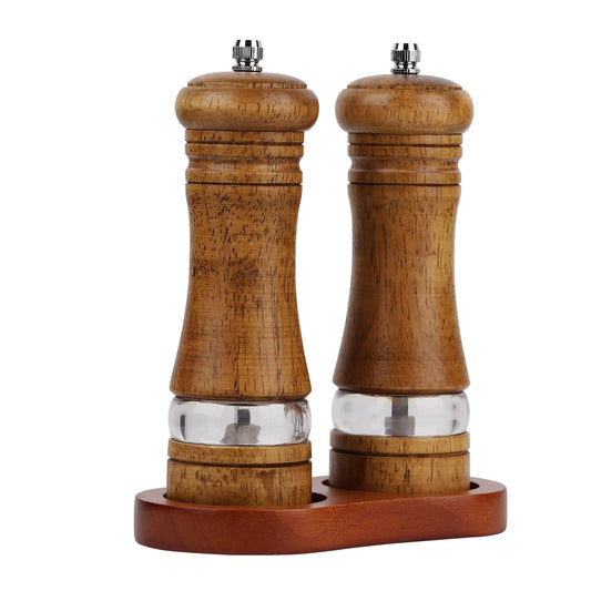 Salt and Pepper Grinder Set, 2Pcs Oak Pepper Grinder with Stand 6 Inches Adjustable Ceramic Grinder Wooden V1192-AZ-W-0953
