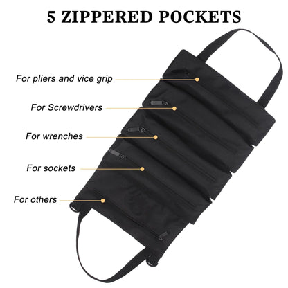 Tool Roll Up Pouch - Canvas Multi-Purpose Wrench Roll Up Bag, Organizer with 5 Zipper Tool Pockets, Hanging V1192-AZ-W-0957
