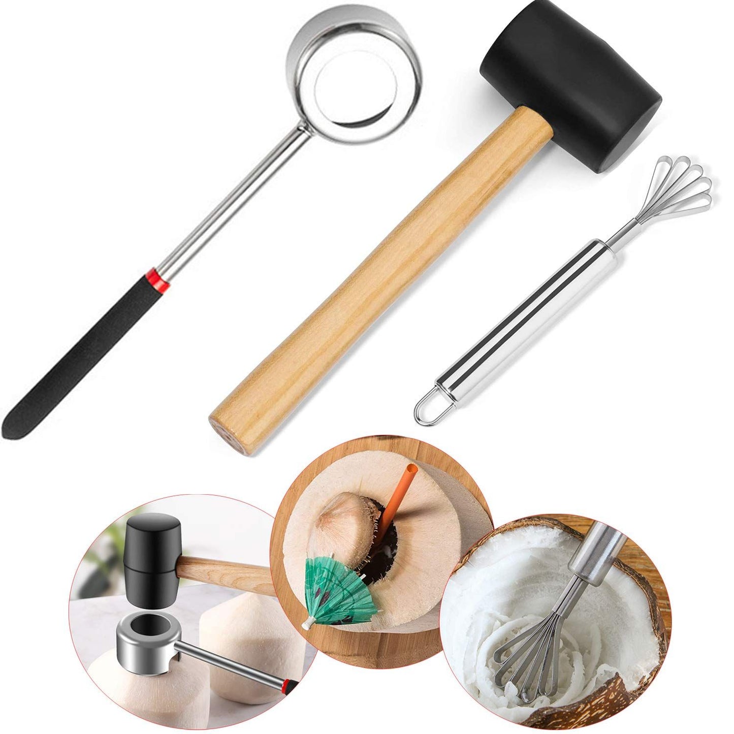 Coconut Opener Set for Young & Mature Coconuts by |Coconut Tools for Meat Removal with Hammer & Stainless V1192-AZ-W-0959