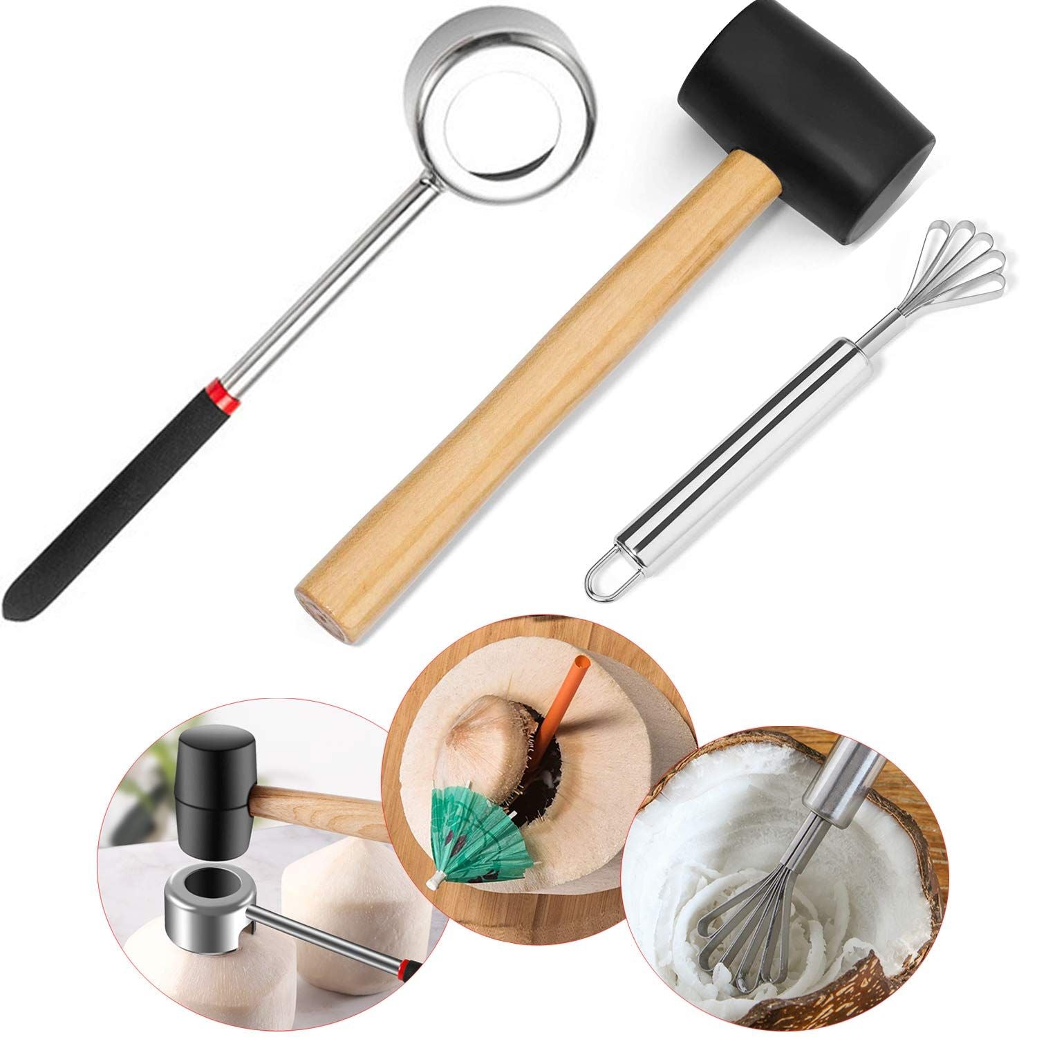 Coconut Opener Set for Young & Mature Coconuts by |Coconut Tools for Meat Removal with Hammer & Stainless V1192-AZ-W-0959