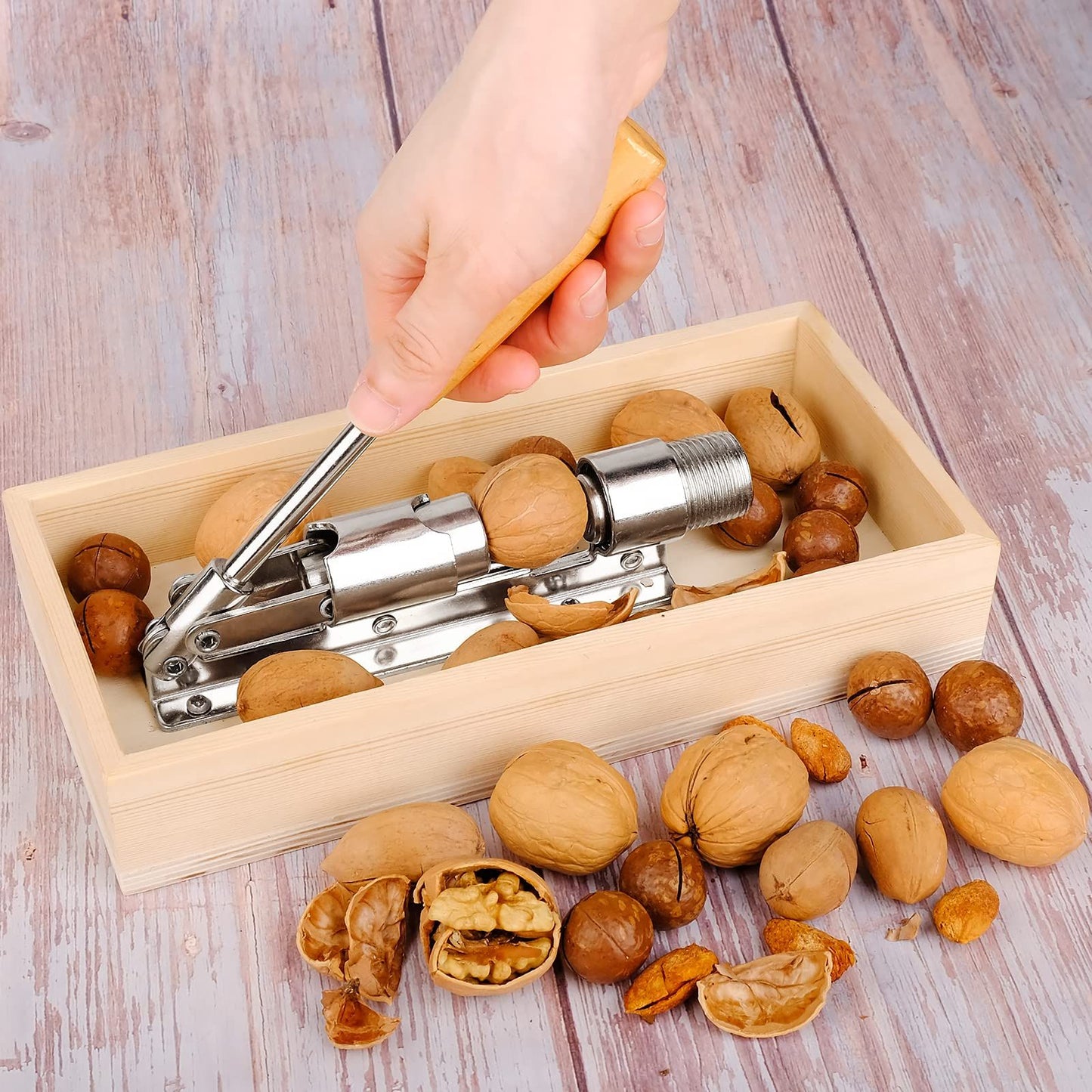 Nutcracker Heavy Duty Nut cracker Pecan Cracker Walnut Cracker Tool with Wood Box Bowl, Pecans, Hazelnuts V1192-AZ-W-0981