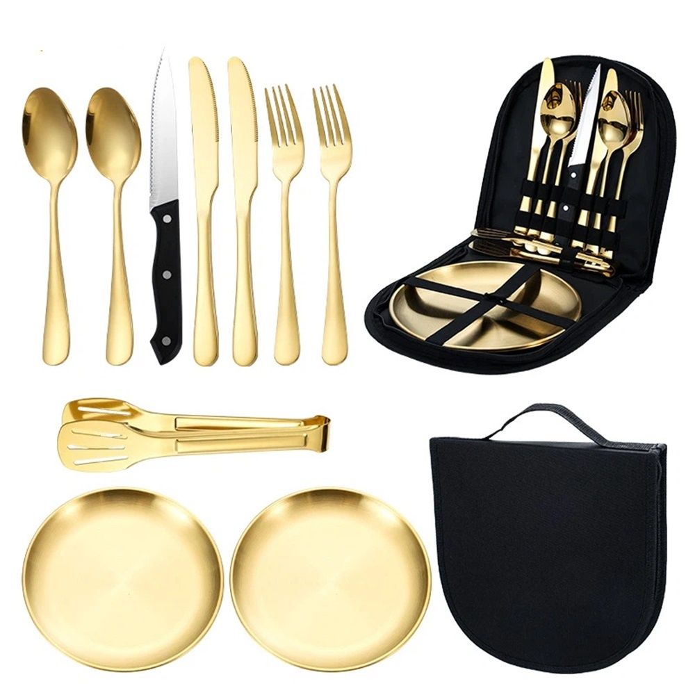 Camping Utensil Set, Camping Silverware Set for 2, Reusable Travel Cutlery with Case Include Knife Fork Spoon V1192-AZ-W-0998