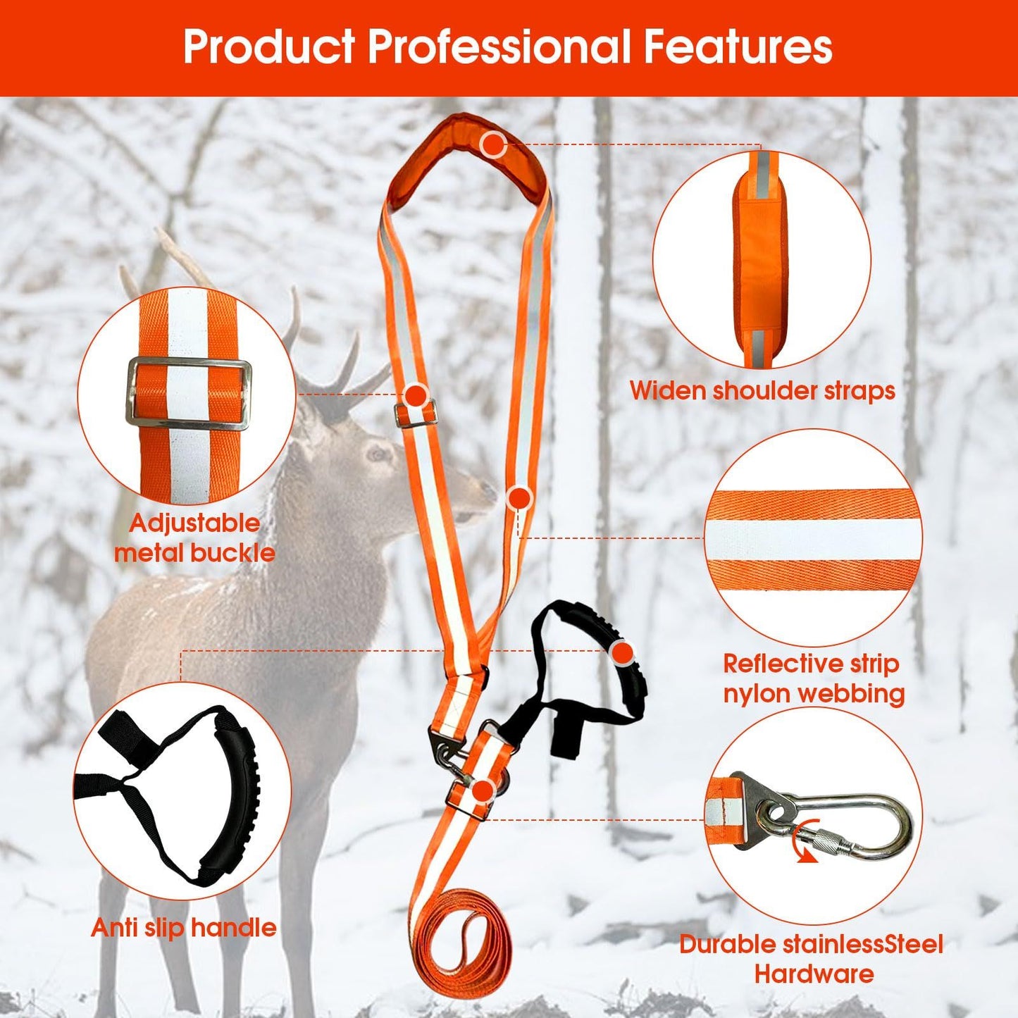 Deer Drag Strap and Harness Heavy Duty Safety Deer Dragging Rope Hunting Accessories for Hunters V1192-AZ-W-1034