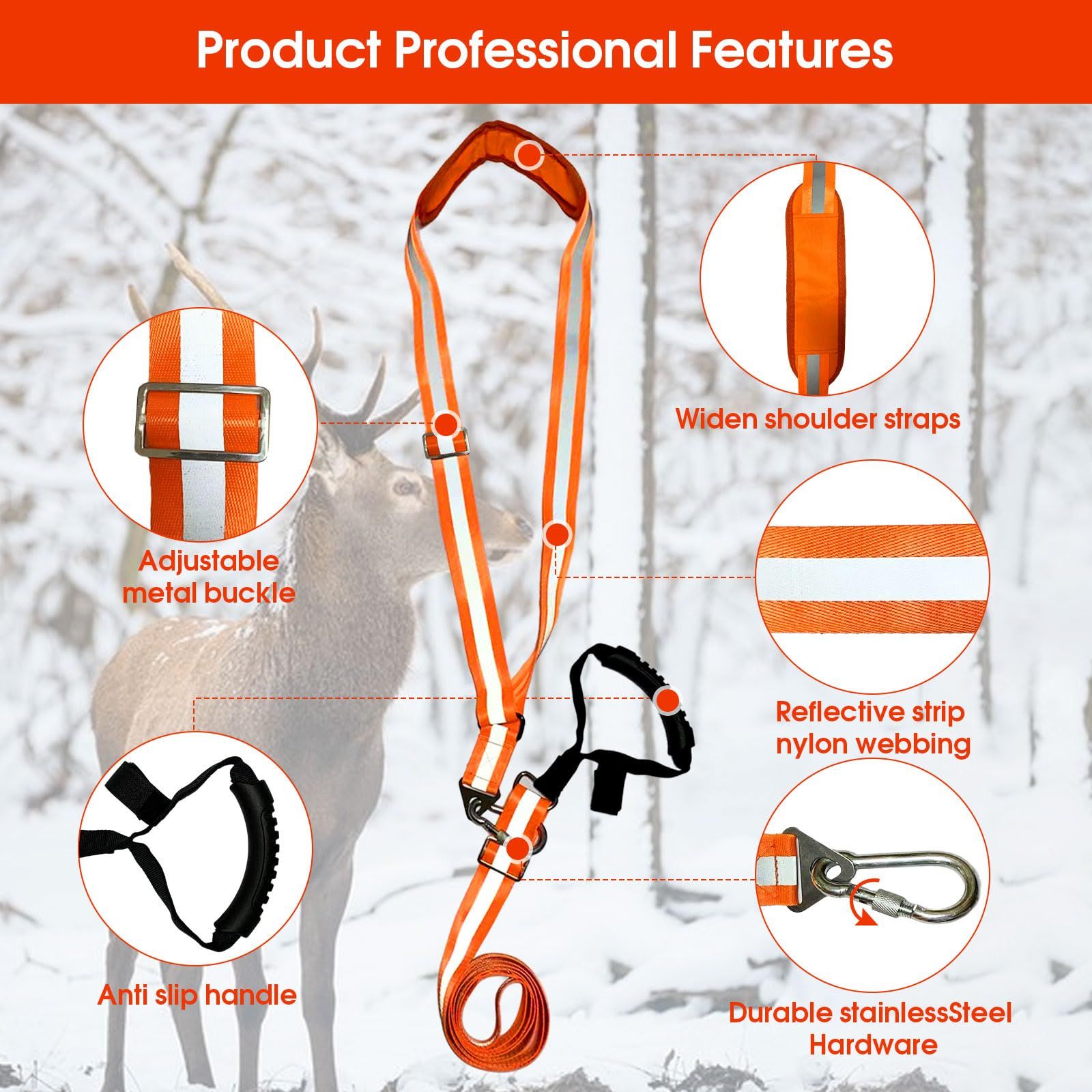 Deer Drag Strap and Harness Heavy Duty Safety Deer Dragging Rope Hunting Accessories for Hunters V1192-AZ-W-1034