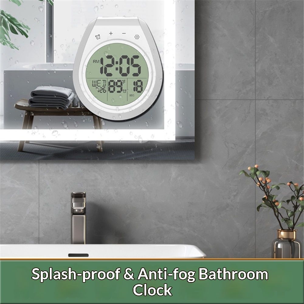 Shower Timer Clock Waterproof, Digital Bathroom Kitchen Wall Clock with LCD Display, 12/24 Hour Format, V1192-AZ-W-1048