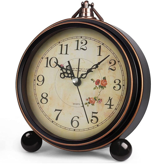 Vintage Analog Alarm Clock, 5 inch Small Silent Desk Clock with Night Light, Battery Operated for Table, V1192-AZ-W-1049