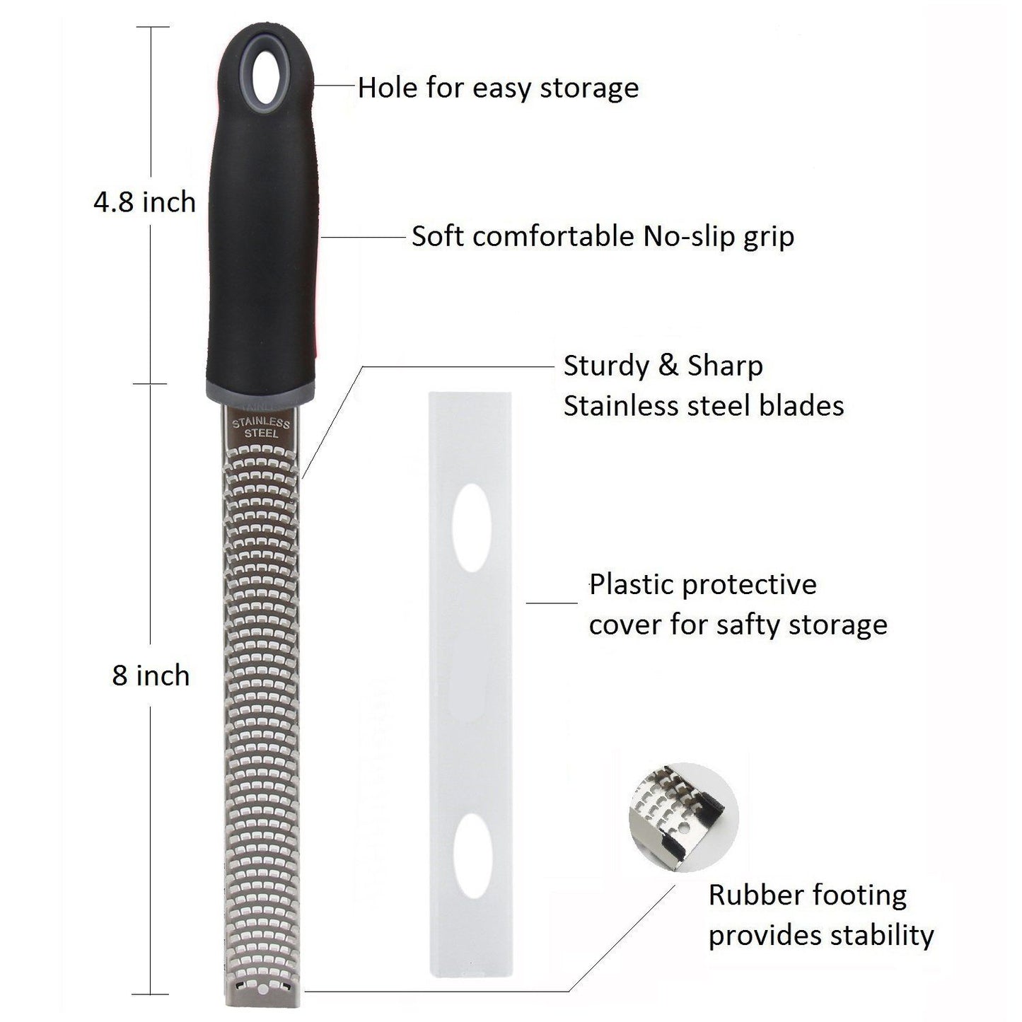 Lemon Zester, Stainless Steel Kitchen Cheese Grater, Plastic Cover Ergonomic Soft Black Handle(black) V1192-AZ-W-1058