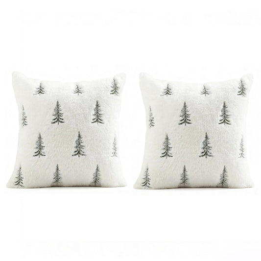 Christmas Pillow Covers 18x18 inch Set of 2 Green Embroidered Christmas Tree Decoration Beige Soft Plush Faux V1192-AZ-W-1059