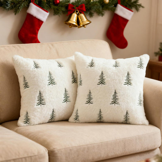 Christmas Pillow Covers 18x18 inch Set of 2 Green Embroidered Christmas Tree Decoration Beige Soft Plush Faux V1192-AZ-W-1059