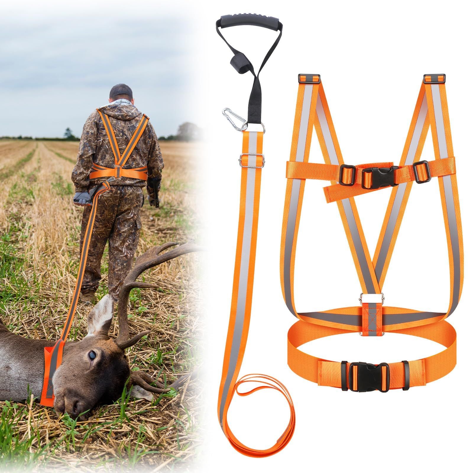 Deer Drag Strap and Dual Harness with Reflective Strips Heavy Duty Deer Dragging Rope Hunting for Hunters V1192-AZ-W-1071