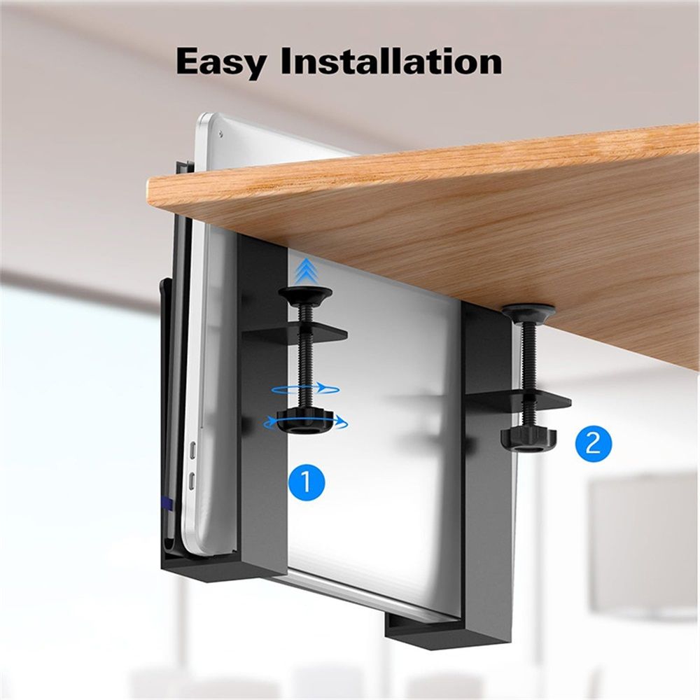 Adjustable Side Laptop Mount, No Drill Desk Storage Organizer, Metal Hanging Notebooks Holder, Punch-Free V1192-AZ-W-1100
