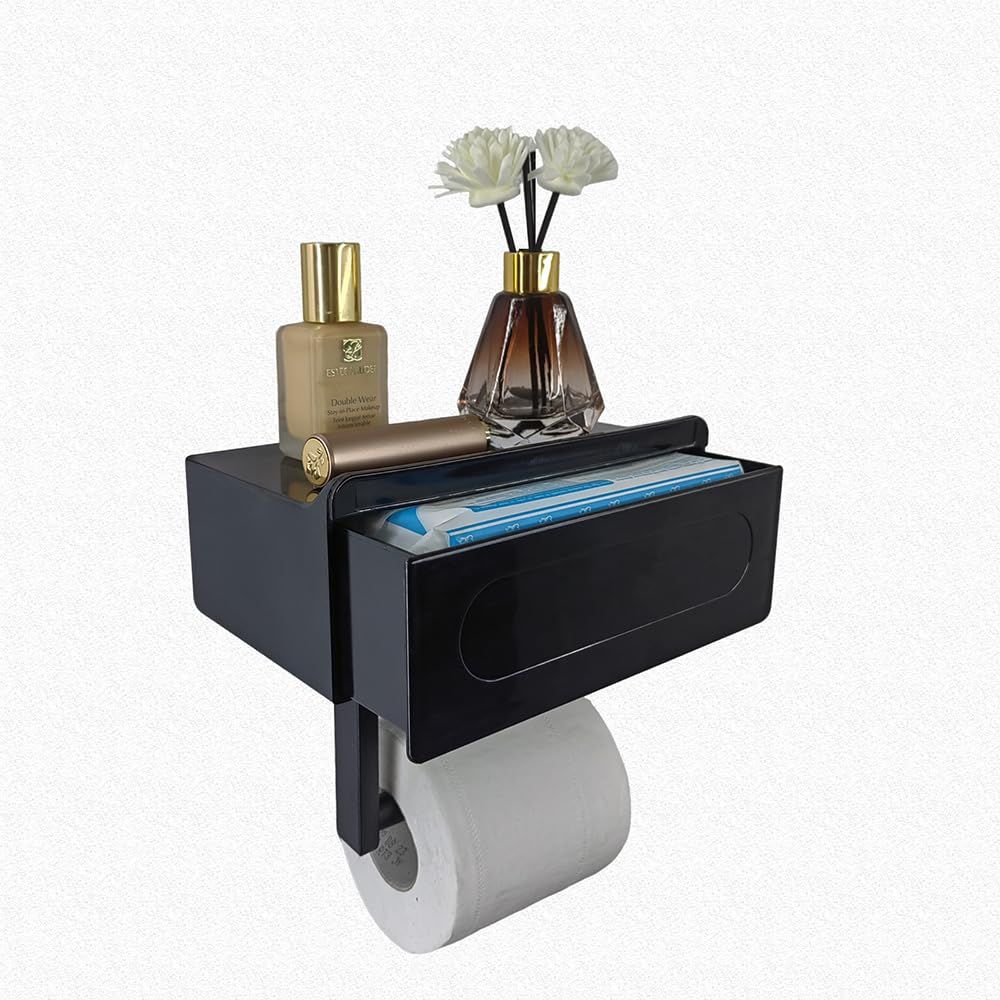Toilet Paper Holder with Built-in Storage Drawer | Glossy Plastic Bathroom Organizer | Dual-Mount V1192-AZ-W-1104