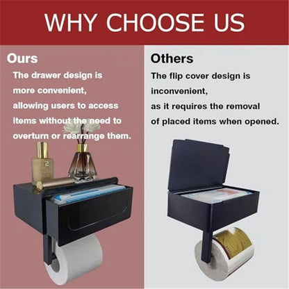 Toilet Paper Holder with Built-in Storage Drawer | Glossy Plastic Bathroom Organizer | Dual-Mount V1192-AZ-W-1104