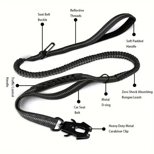 Dog Leash Heavy Duty, Shock Absorbing Bungee Lead with 2 Padded Handle, Metal Carabiner Clip, Car Seatbelt, V1192-AZ-W-1107