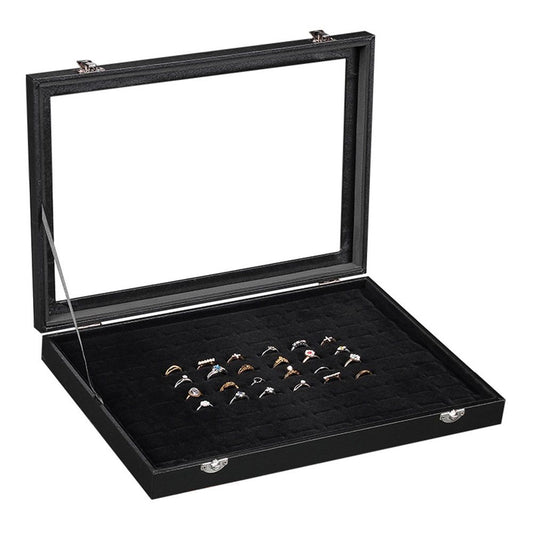 100 Slot Ring Holder Display Case - Black Jewelry Organizer with Transparent Lid, Ring Organizer For Jewelry V1192-AZ-W-1124