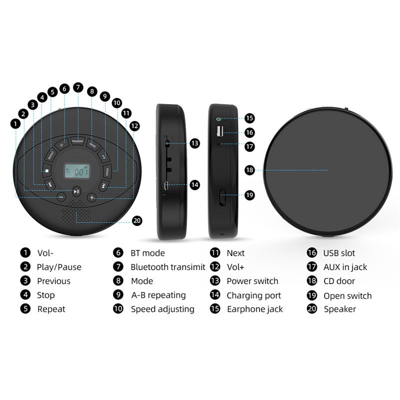 CD Player Portable,discman Rechargeable,Walkman CD Player with Speaker, Headphones,CD-R,MP3 USB playable,Anti V1192-AZ-W-2505