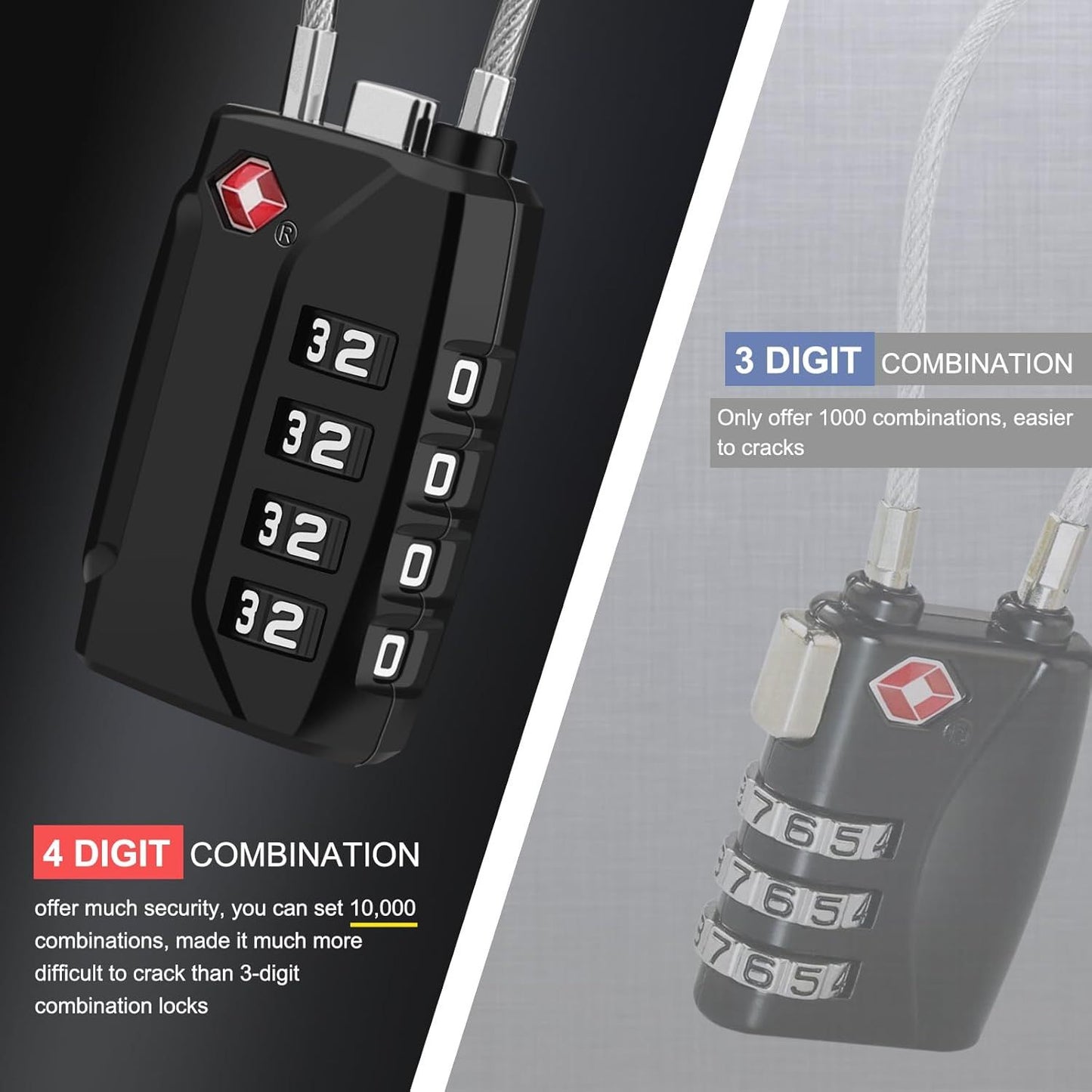 Luggage Locks, [Upgrade Version][4 Pack] TSA Approved Suitcase Lock 4-Digit Re-settable Combination Lock, V1192-AZ-W-2507
