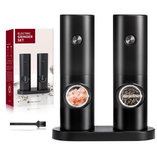 Electric Salt and Pepper Grinder Set (2 Pack), One Hand Adjustable Coarseness, Battery Powered with Stand, V1192-AZ-W-2519