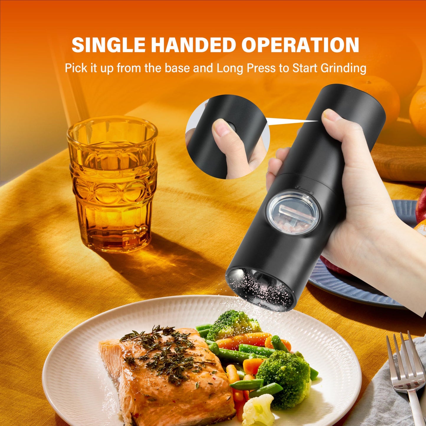 Electric Salt and Pepper Grinder Set (2 Pack), One Hand Adjustable Coarseness, Battery Powered with Stand, V1192-AZ-W-2519