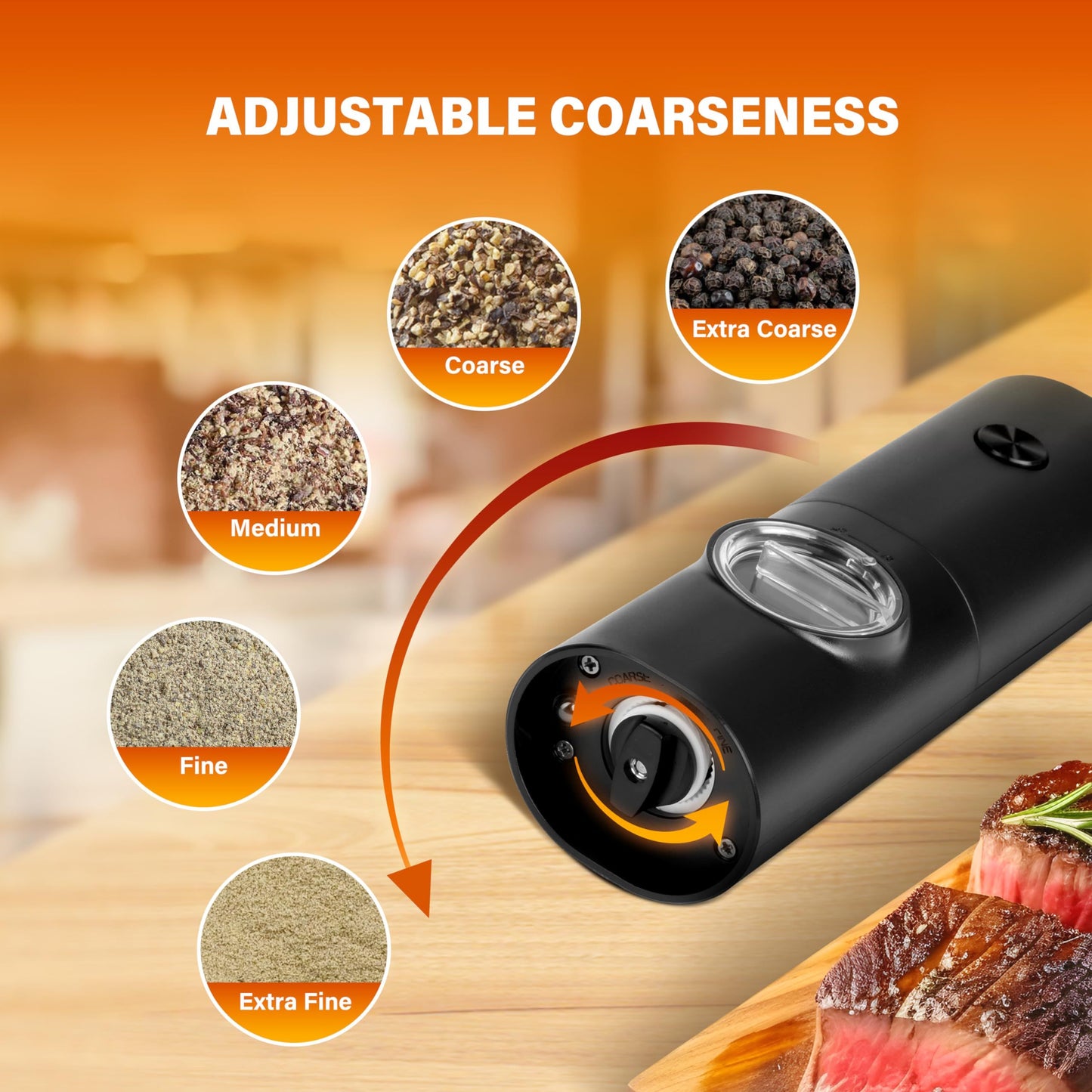 Electric Salt and Pepper Grinder Set (2 Pack), One Hand Adjustable Coarseness, Battery Powered with Stand, V1192-AZ-W-2519
