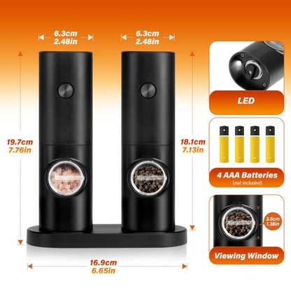 Electric Salt and Pepper Grinder Set (2 Pack), One Hand Adjustable Coarseness, Battery Powered with Stand, V1192-AZ-W-2519