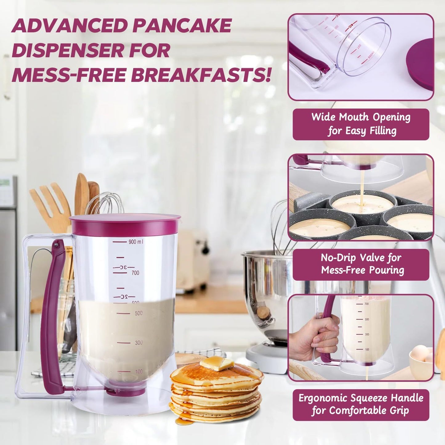 Pancake Cupcake Batter Dispenser for Waffles, Muffin Mix, Crepes, Cake Purple Pancakes, Cupcake, 900ml V1192-AZ-W-2536