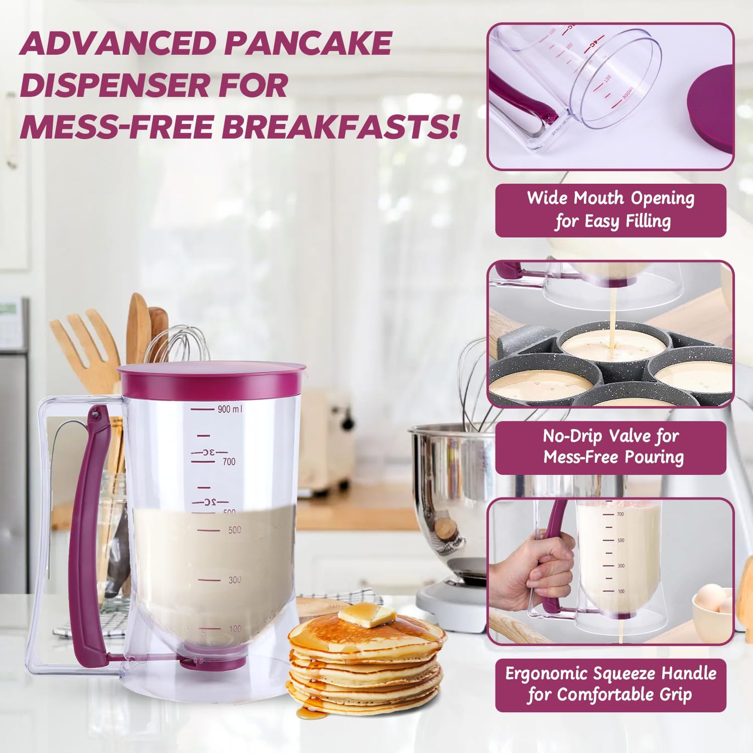 Pancake Cupcake Batter Dispenser for Waffles, Muffin Mix, Crepes, Cake Purple Pancakes, Cupcake, 900ml V1192-AZ-W-2536