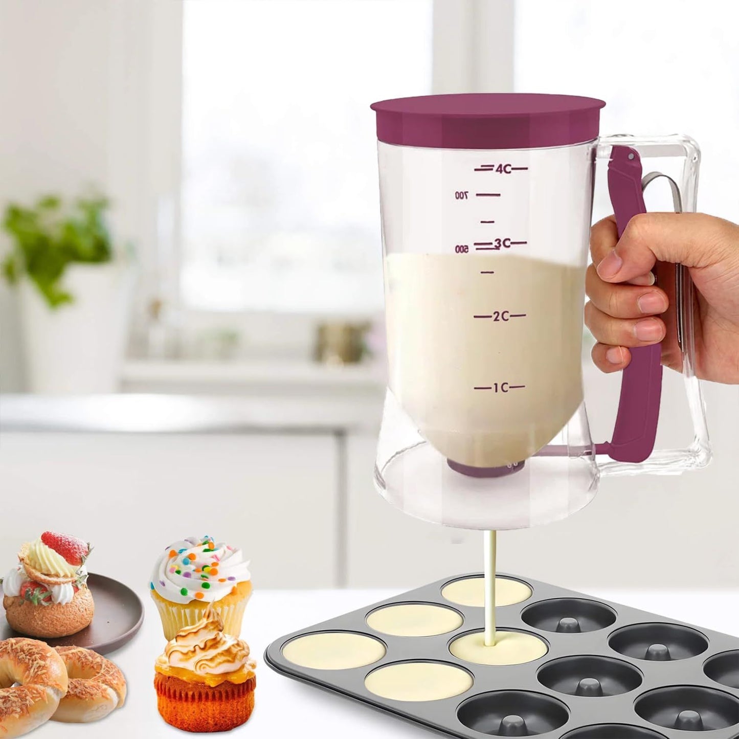 Pancake Cupcake Batter Dispenser for Waffles, Muffin Mix, Crepes, Cake Purple Pancakes, Cupcake, 900ml V1192-AZ-W-2536
