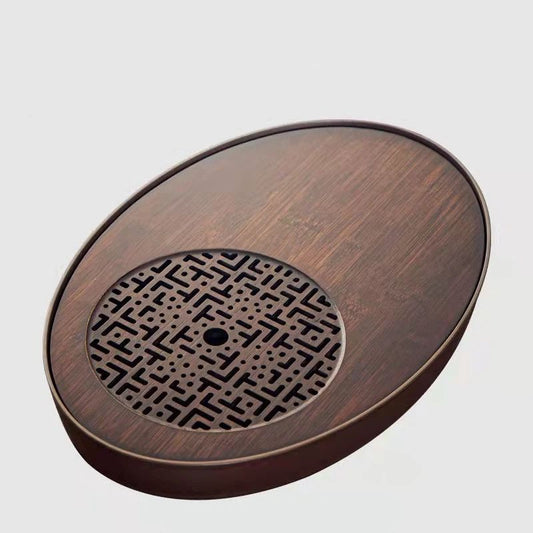 Oval Kungfu Bamboo Tea Tray Table Box with Water Storage for Gongfu Tea Set (Walnut colored oval, Medium) V1192-AZ-W-2549