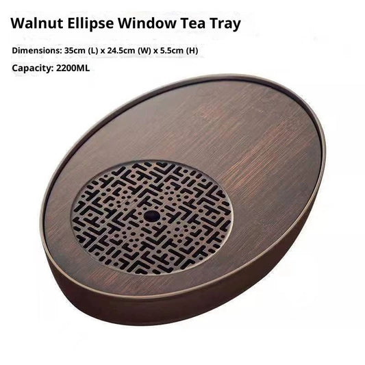 Oval Kungfu Bamboo Tea Tray Table Box with Water Storage for Gongfu Tea Set (Walnut colored oval, Medium) V1192-AZ-W-2549