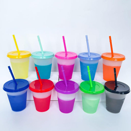 Color Changing Cups, 10 Pack 16oz Plastic Tumblers, Reusable Iced Coffee & Smoothie Cups with Lids and Straws V1192-AZ-W-2550