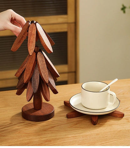 New Set of 4 Kitchen Table Decor Foldable Wooden Trivets for Hot Pots and Pans,Tree Shape Trivets walnut V1192-AZ-W-2552